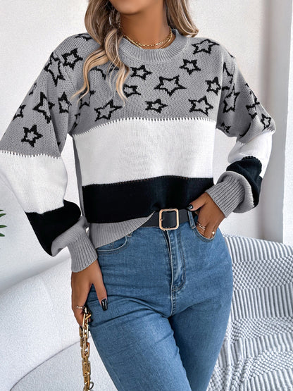 Star Contrast Round Neck Sweater - Siennasass