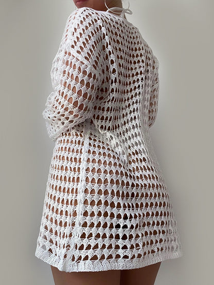 Openwork Boat Neck Long Sleeve Cover-Up - Siennasass