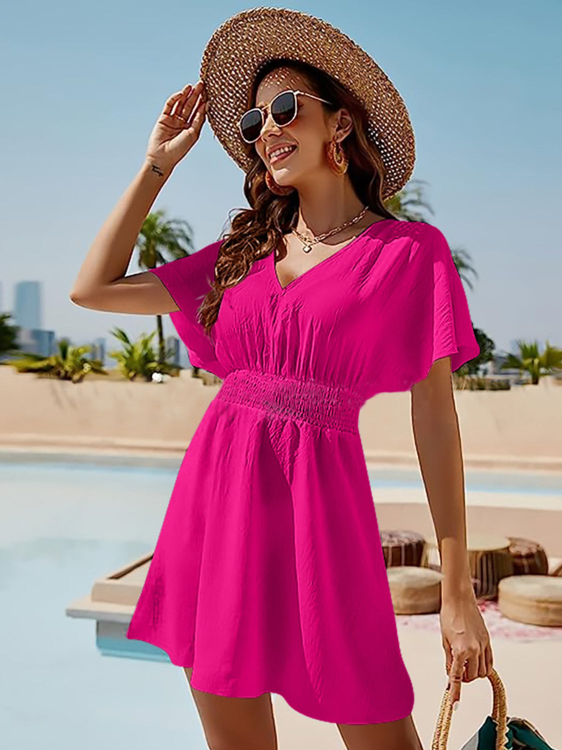 Smocked V-Neck Short Sleeve Dress - Siennasass