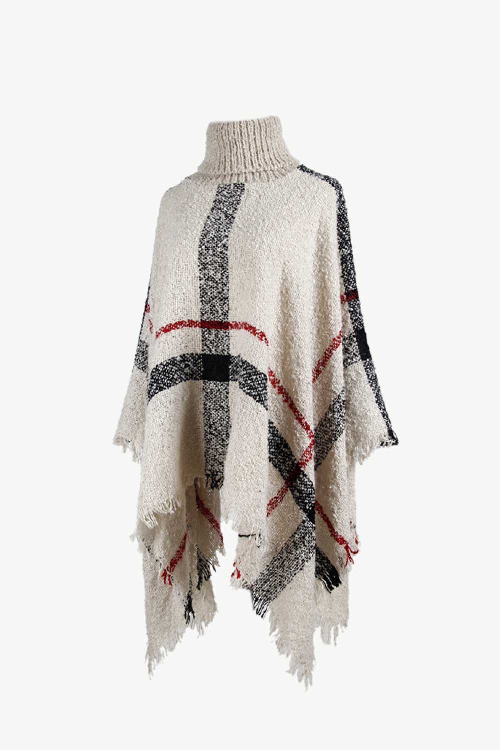 Plaid Turtleneck Raw Hem Poncho - Siennasass
