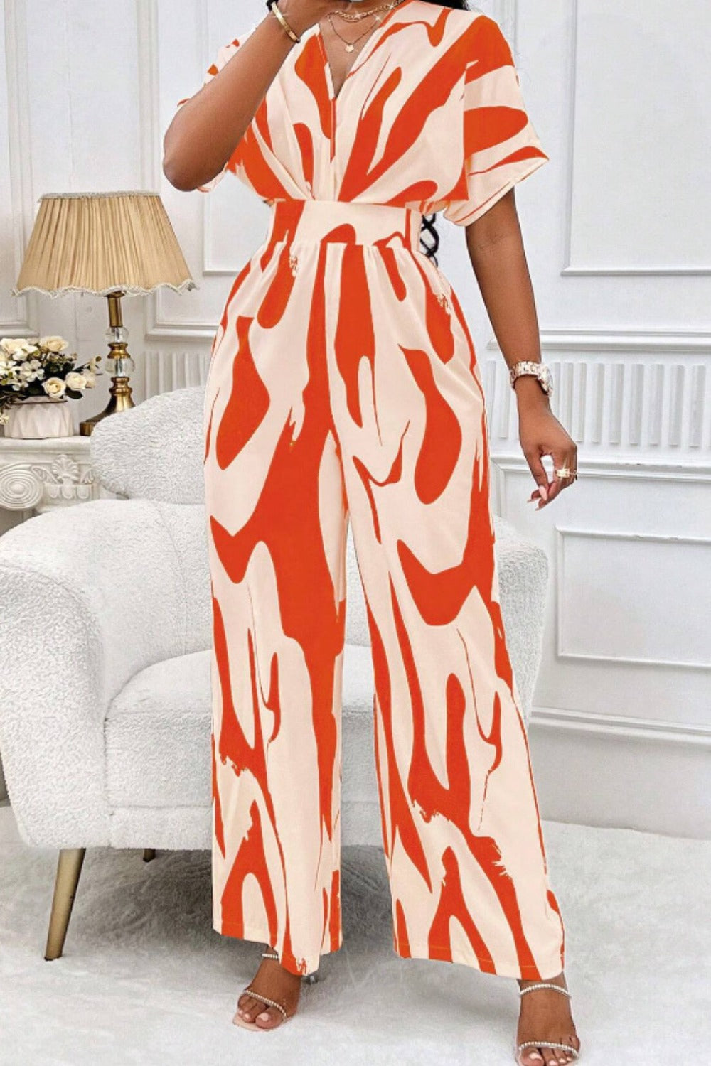Printed V-Neck Short Sleeve Wide Leg Jumpsuit - Siennasass