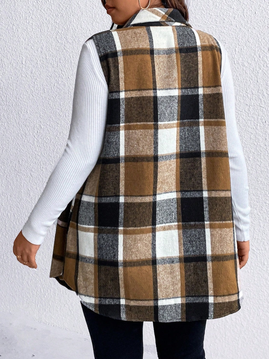 Honey Plus Size Pocketed Plaid Button Up Vest Coat - Siennasass
