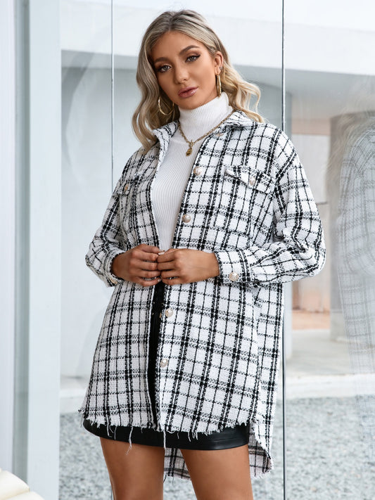 Ivy Lane Plaid Pocketed Button Up Dropped Shoulder Jacket - Siennasass