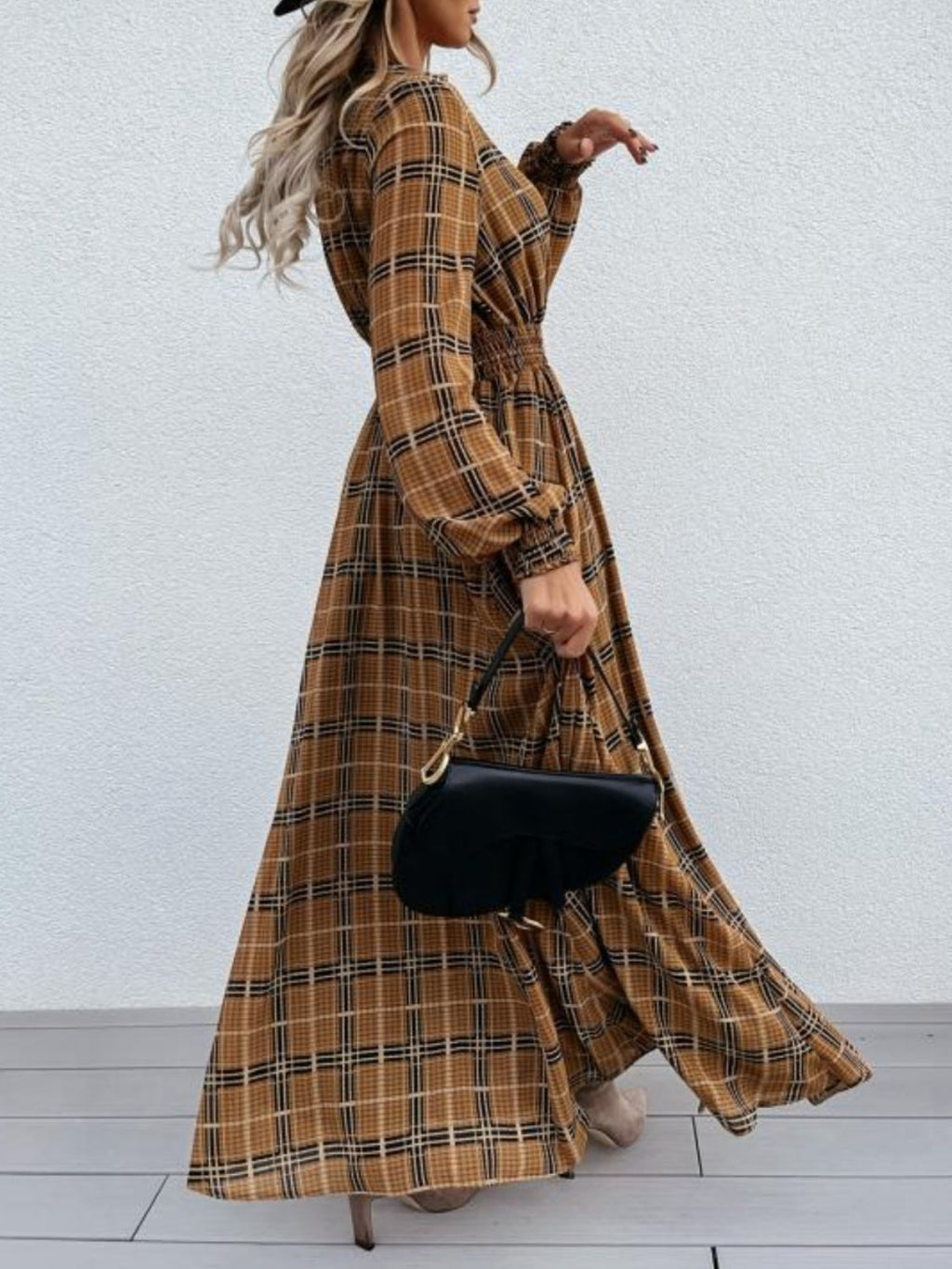 Slit Plaid Tie Neck Long Sleeve Maxi Dress - Siennasass
