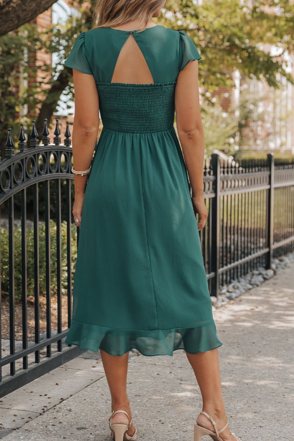 Cutout Ruffle Hem Cap Sleeve Dress - Siennasass