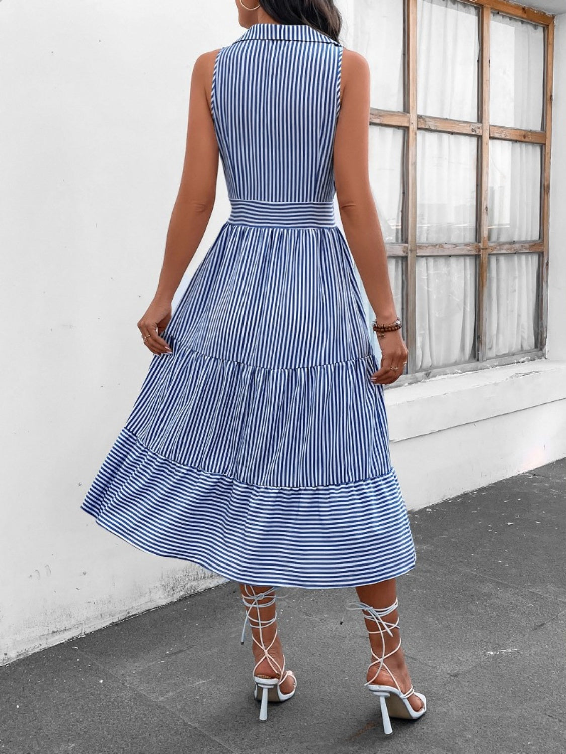 Striped Johnny Collar Sleeveless Midi Dress - Siennasass