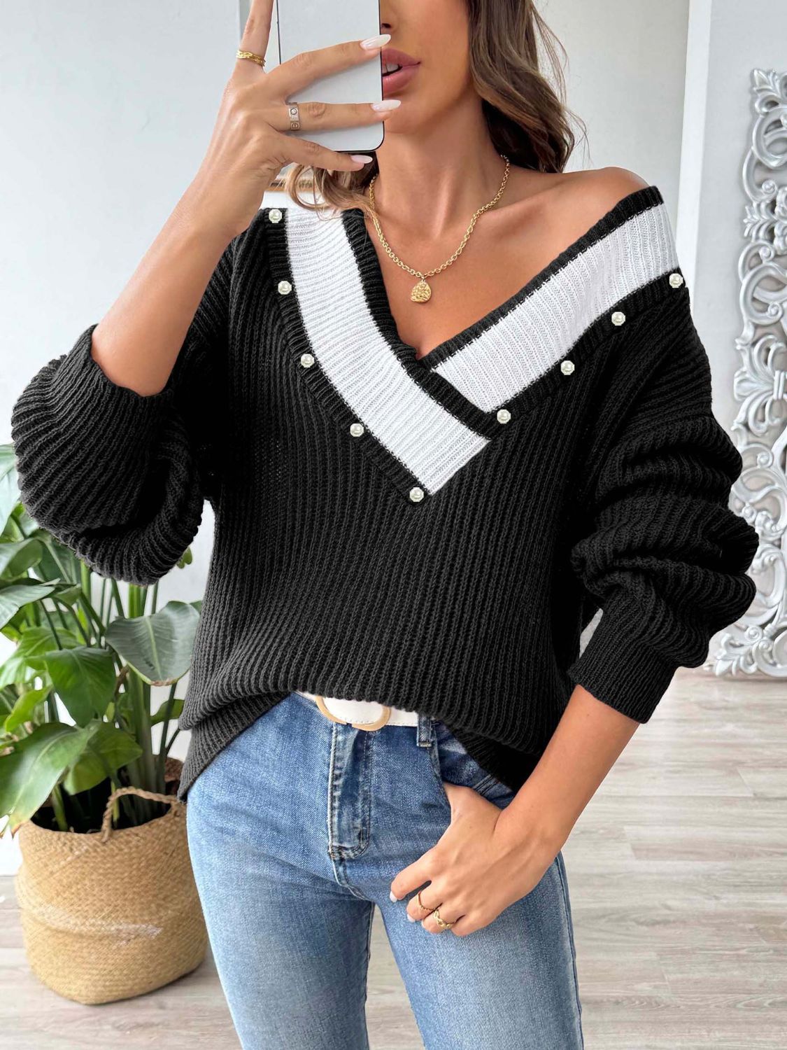 Contrast Trim Dropped Shoulder Long Sleeve Sweater - Siennasass