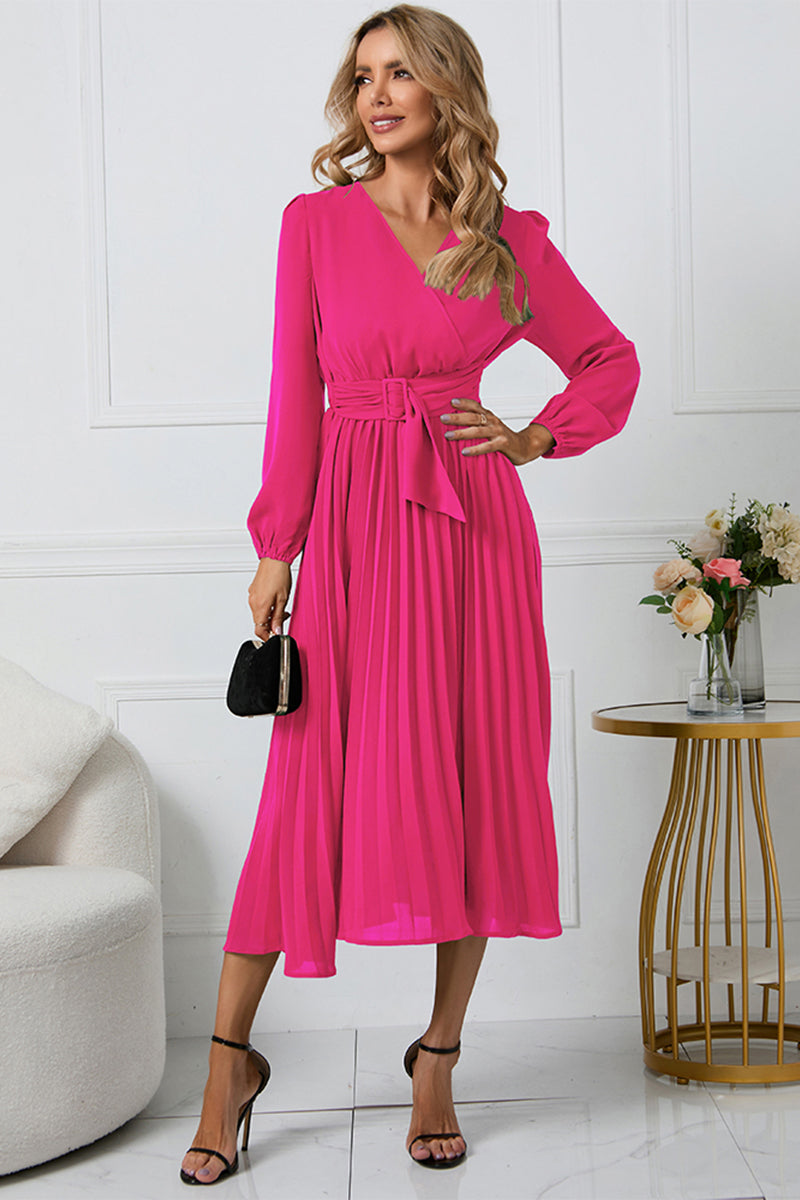 V-Neck Long Sleeve Tie Waist Midi Dress - Siennasass