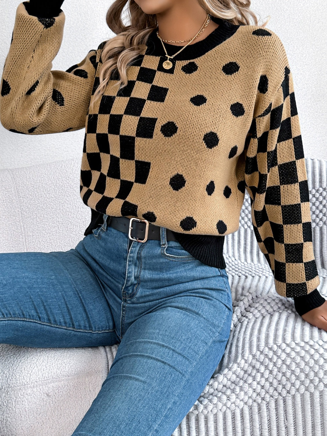 Plaid Round Neck Long Sleeve Sweater - Siennasass
