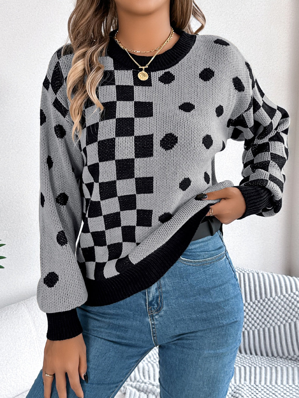 Plaid Round Neck Long Sleeve Sweater - Siennasass