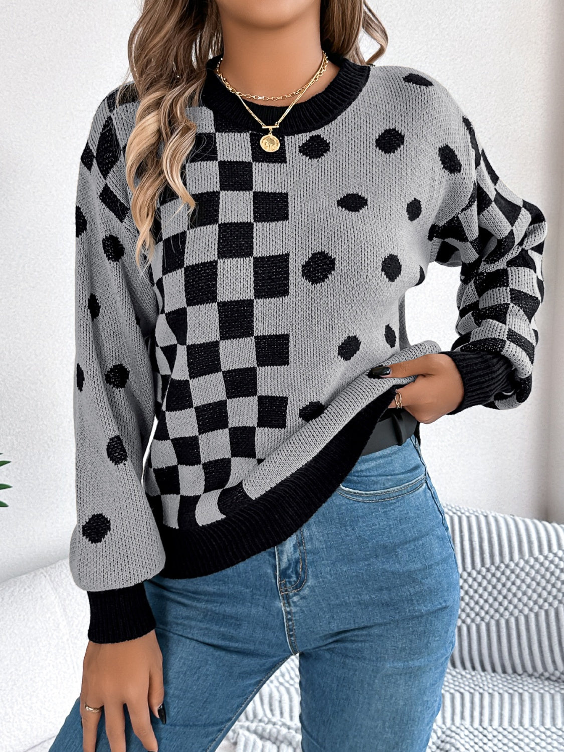 Plaid Round Neck Long Sleeve Sweater - Siennasass
