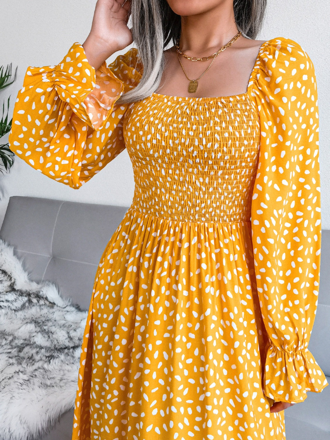 Smocked Square Neck Flounce Sleeve Dress - Siennasass
