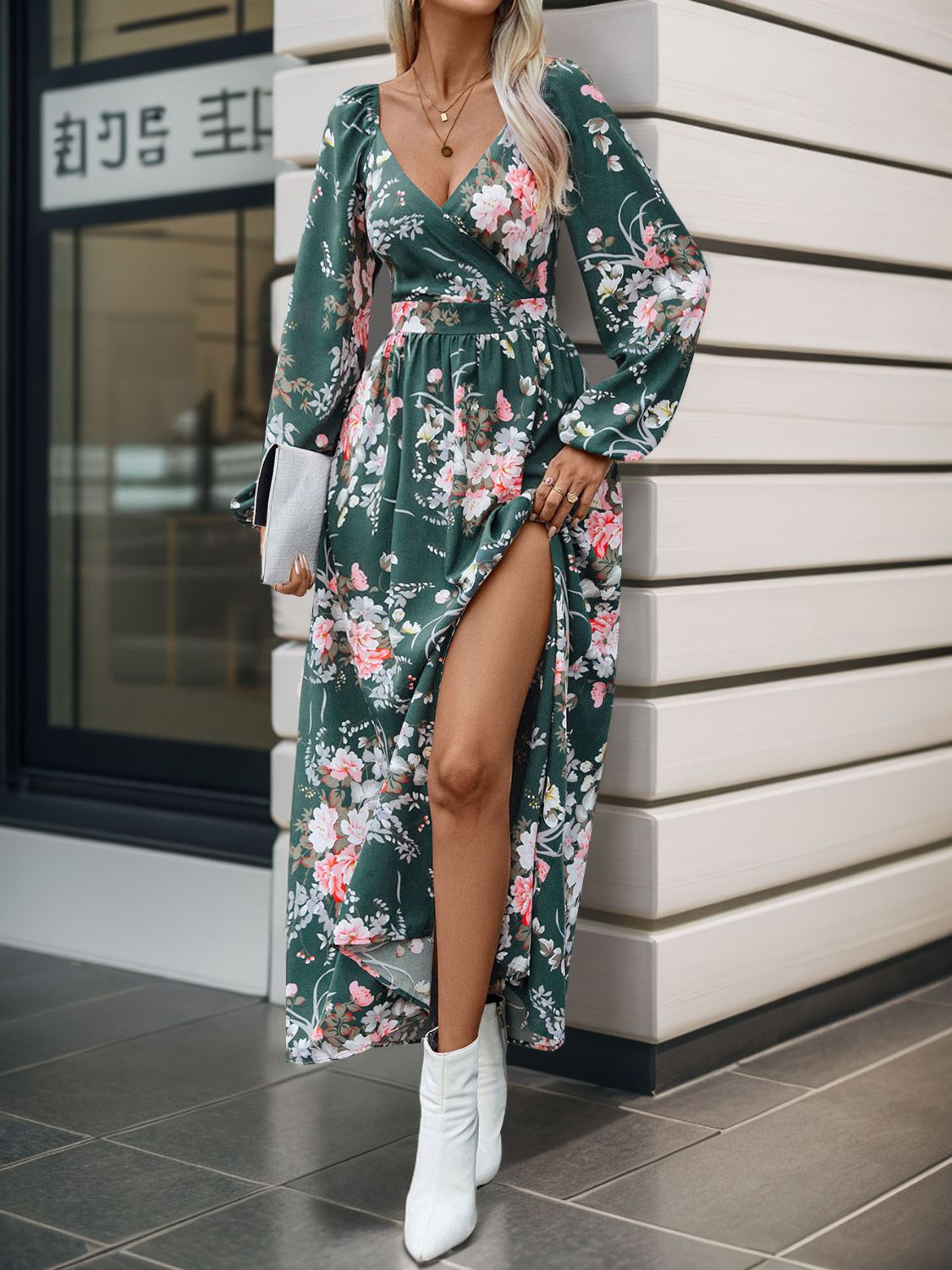 Slit Printed Surplice Long Sleeve Maxi Dress - Siennasass
