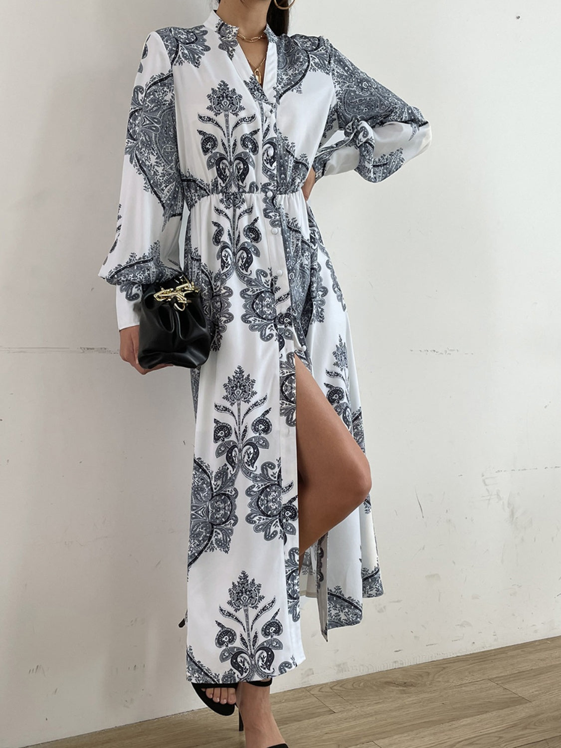 Printed Notched Lantern Sleeve Midi Dress - Siennasass