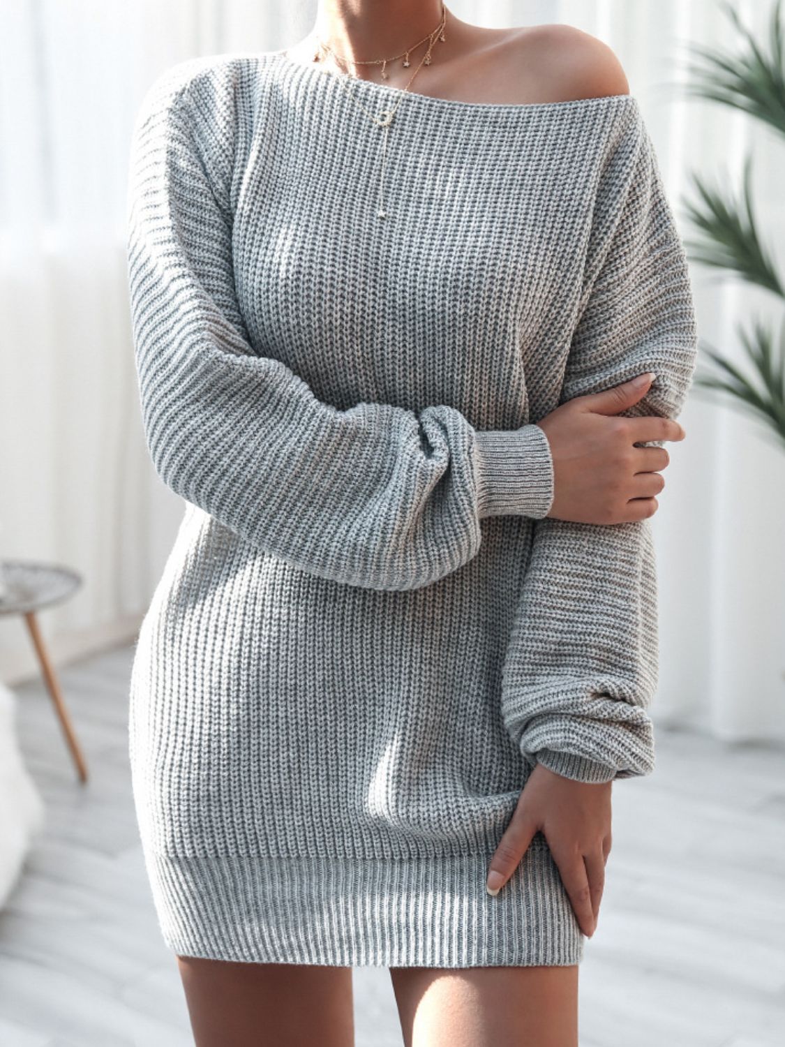 Balloon Sleeve Boat Neck Sweater Mini Dress - Siennasass