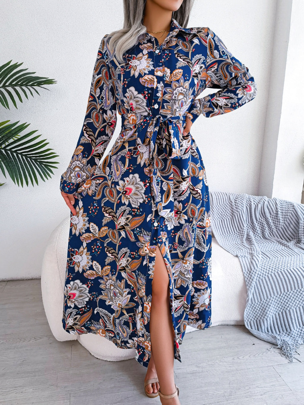 Tied Printed Long Sleeve Midi Dress - Siennasass