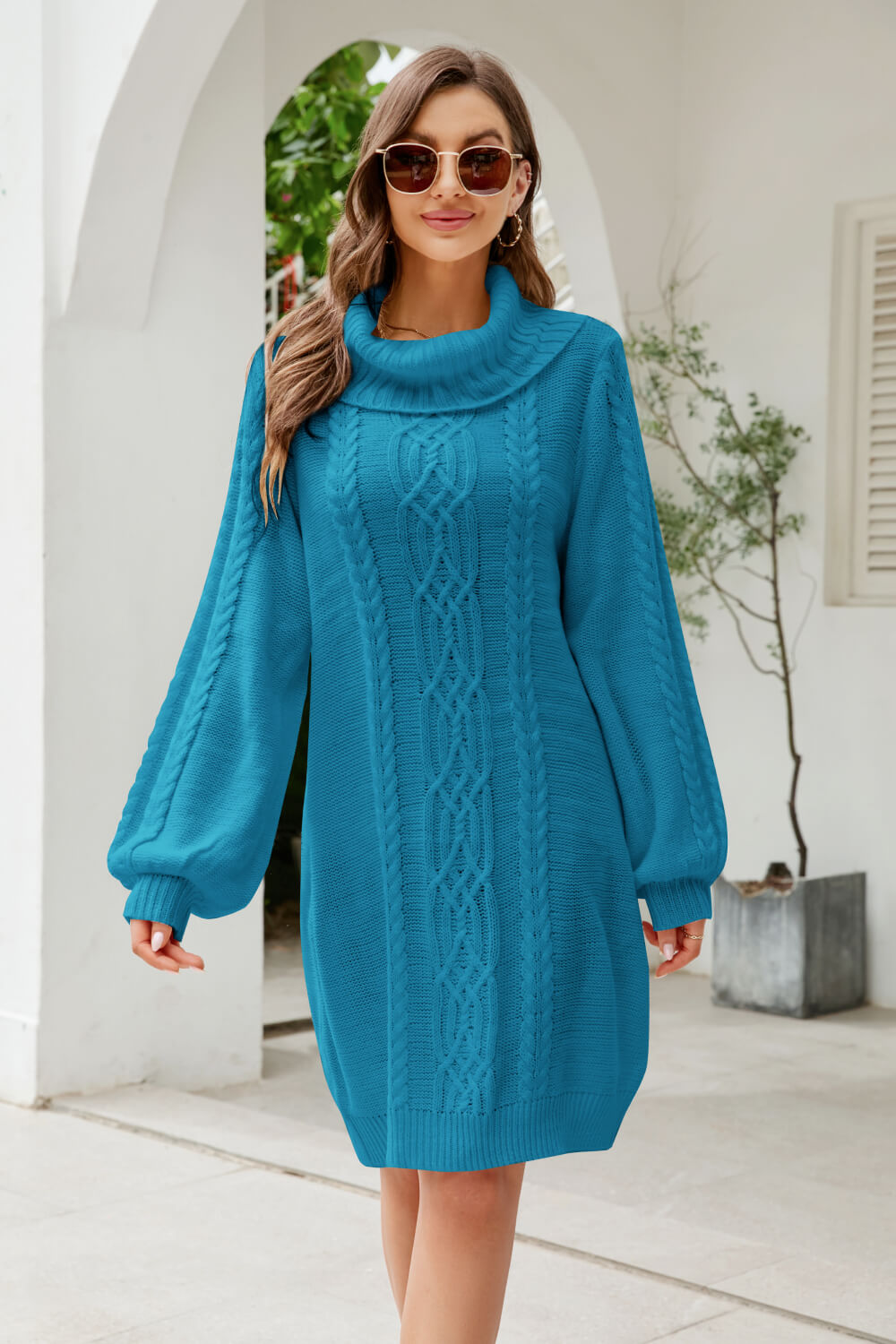 Woven Right Mixed Knit Turtleneck Lantern Sleeve Sweater Dress - Siennasass