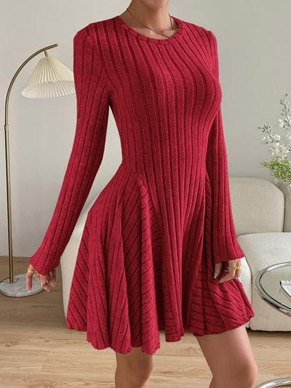Ribbed Round Neck Long Sleeve Dress - Siennasass