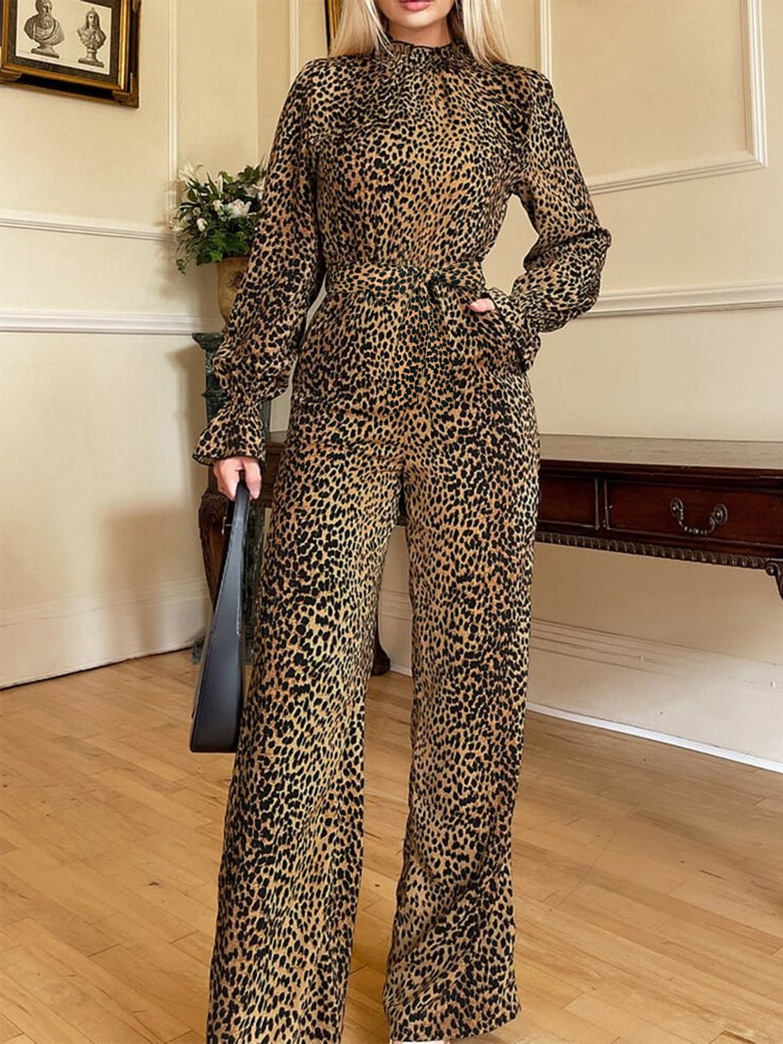 Leopard Flounce Sleeve Wide Leg Jumpsuit - Siennasass