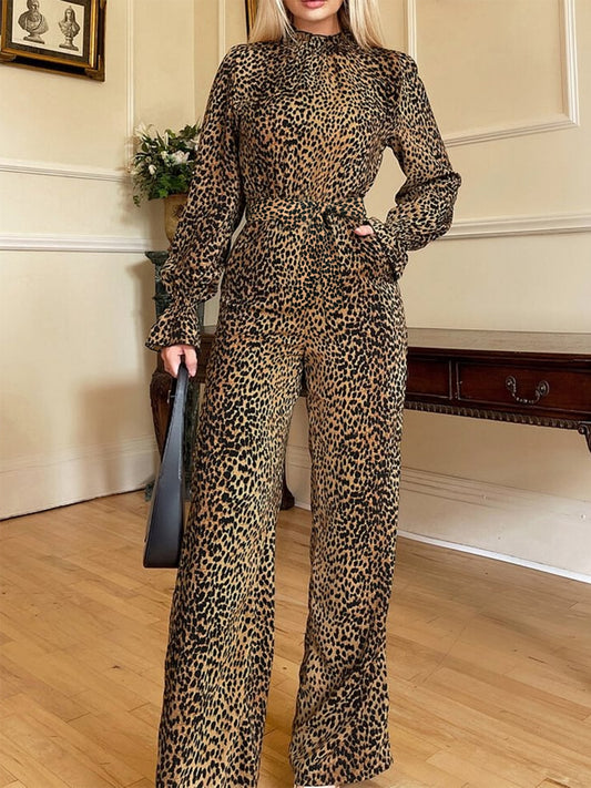 Leopard Flounce Sleeve Wide Leg Jumpsuit - Siennasass