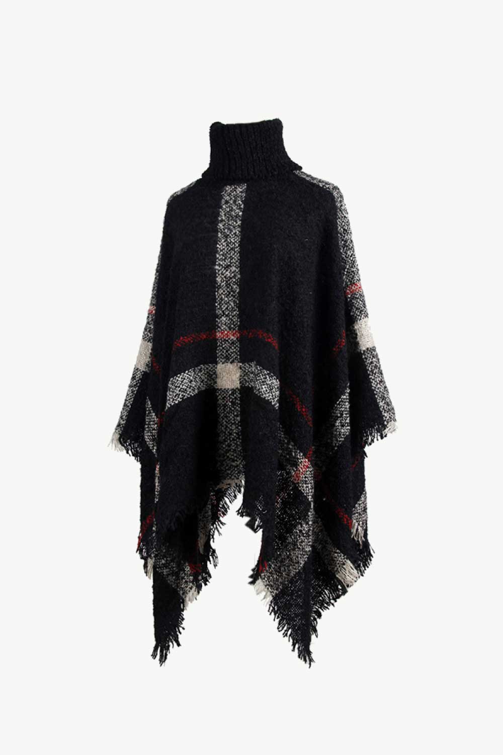 Plaid Turtleneck Raw Hem Poncho - Siennasass