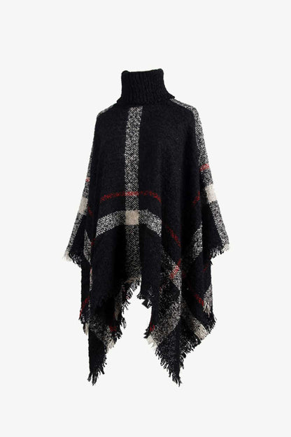 Plaid Turtleneck Raw Hem Poncho - Siennasass