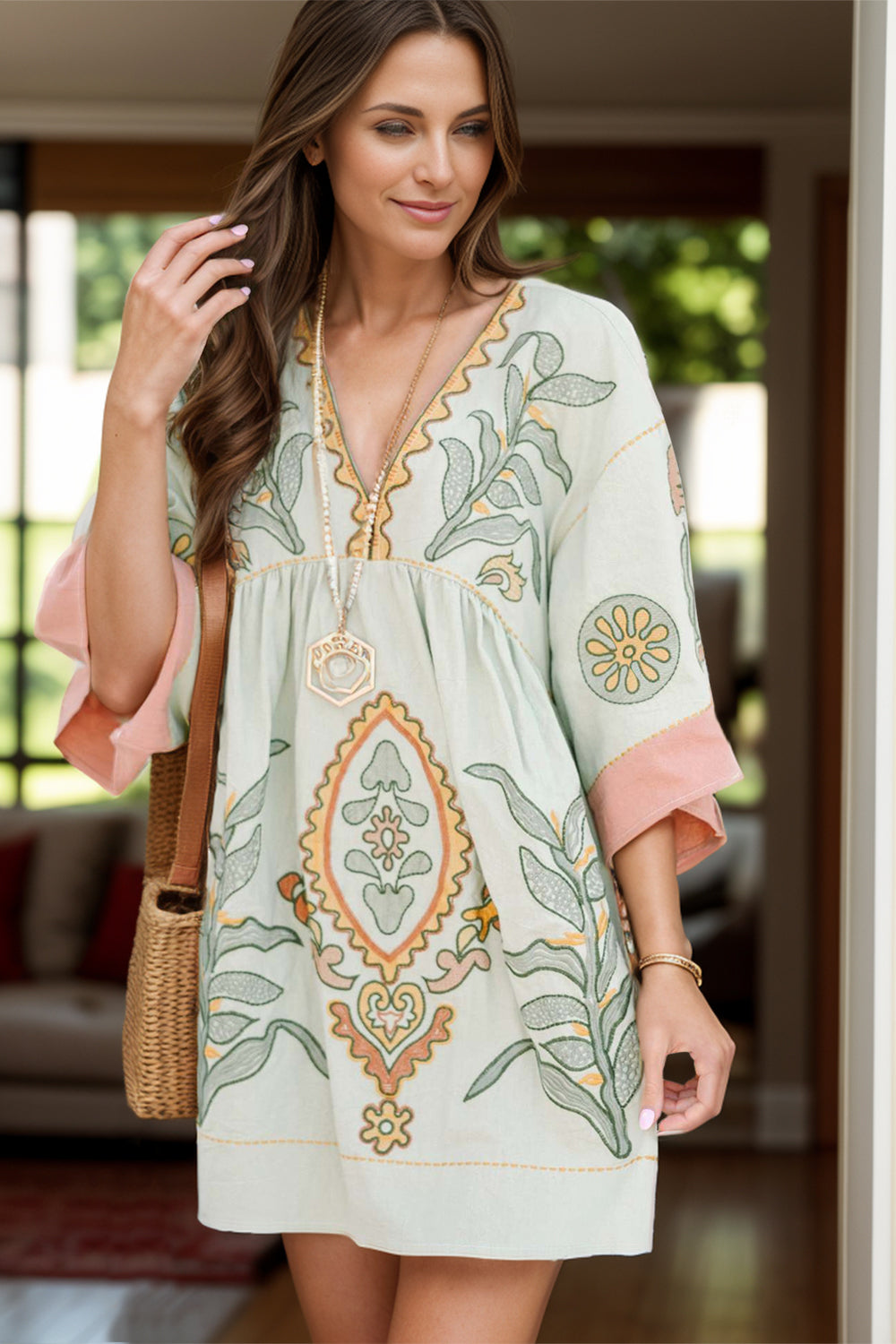 Printed V-Neck Three-Quarter Sleeve Mini Dress - Siennasass