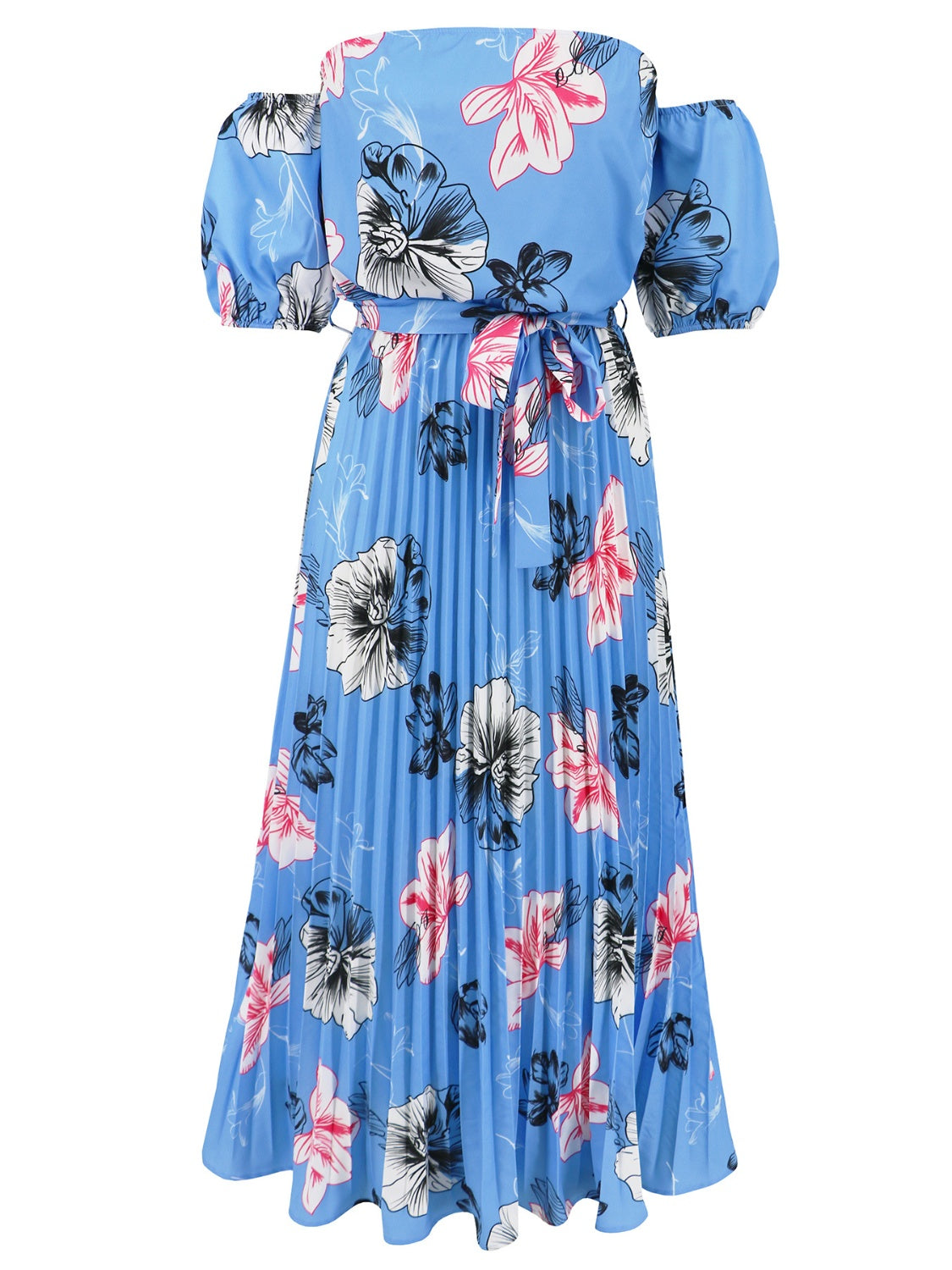Pleated Floral Off-Shoulder Short Sleeve Midi Dress - Siennasass