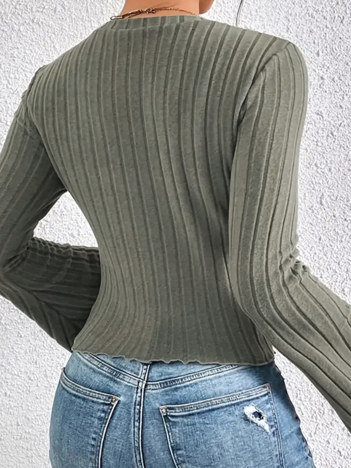 Ribbed Round Neck Flare Sleeve T-Shirt - Siennasass