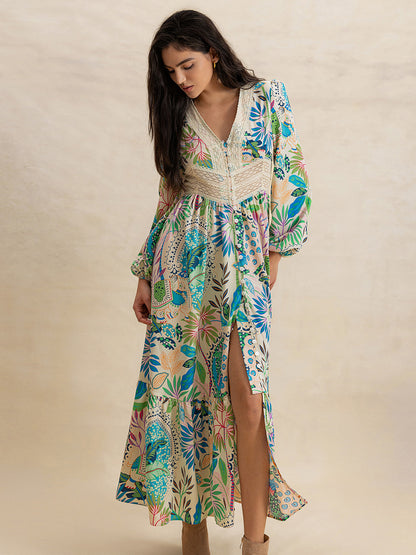 Bedrucktes Langarm-Midikleid mit Schlitz und V-Ausschnitt