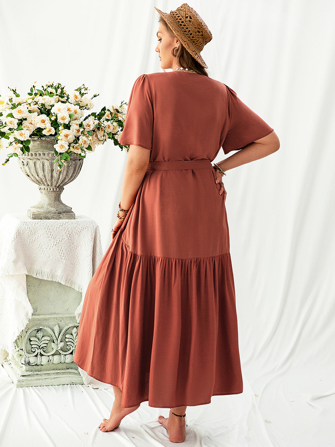 Plus Size V-Neck Flutter Sleeve Midi Dress - Siennasass