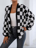 Checkered Open Front Long Sleeve Cardigan - Siennasass