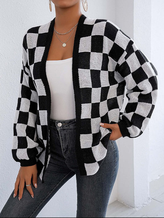 Checkered Open Front Long Sleeve Cardigan - Siennasass