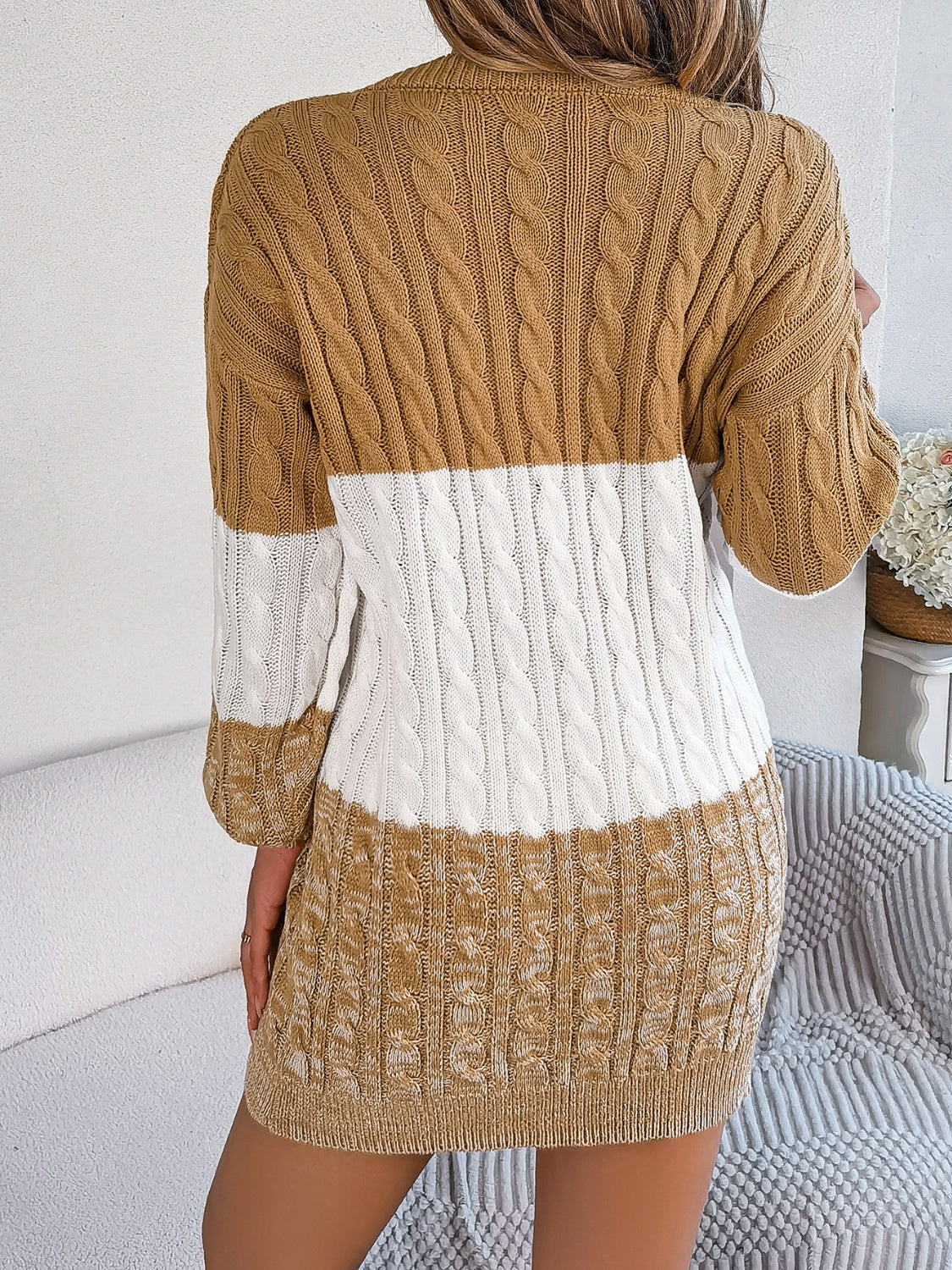Cable-Knit Round Neck Color Block Sweater Dress - Siennasass