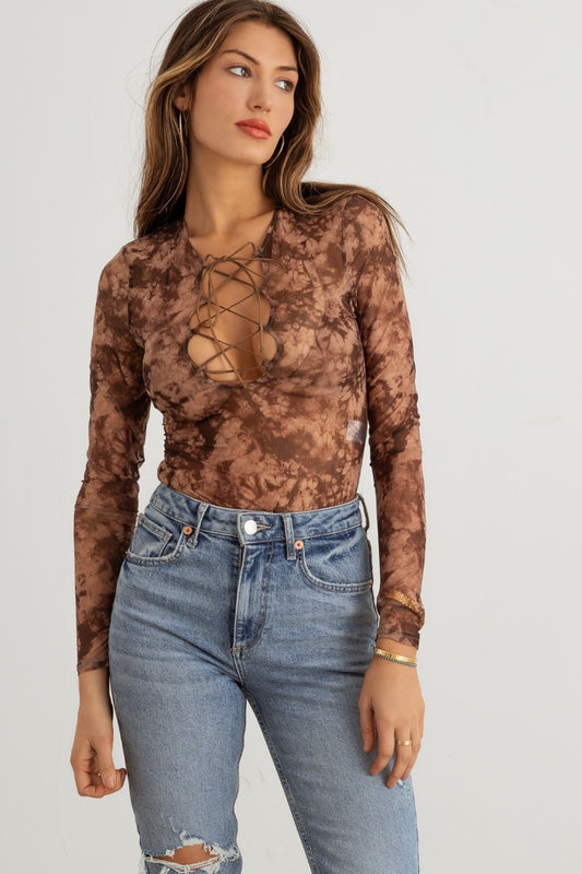 HERA COLLECTION Abstract Mesh Lace-Up Long Sleeve Bodysuit - Siennasass