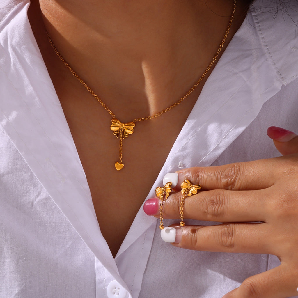 Titanium Steel Gold-Plated Bow Pendant Necklace - Siennasass