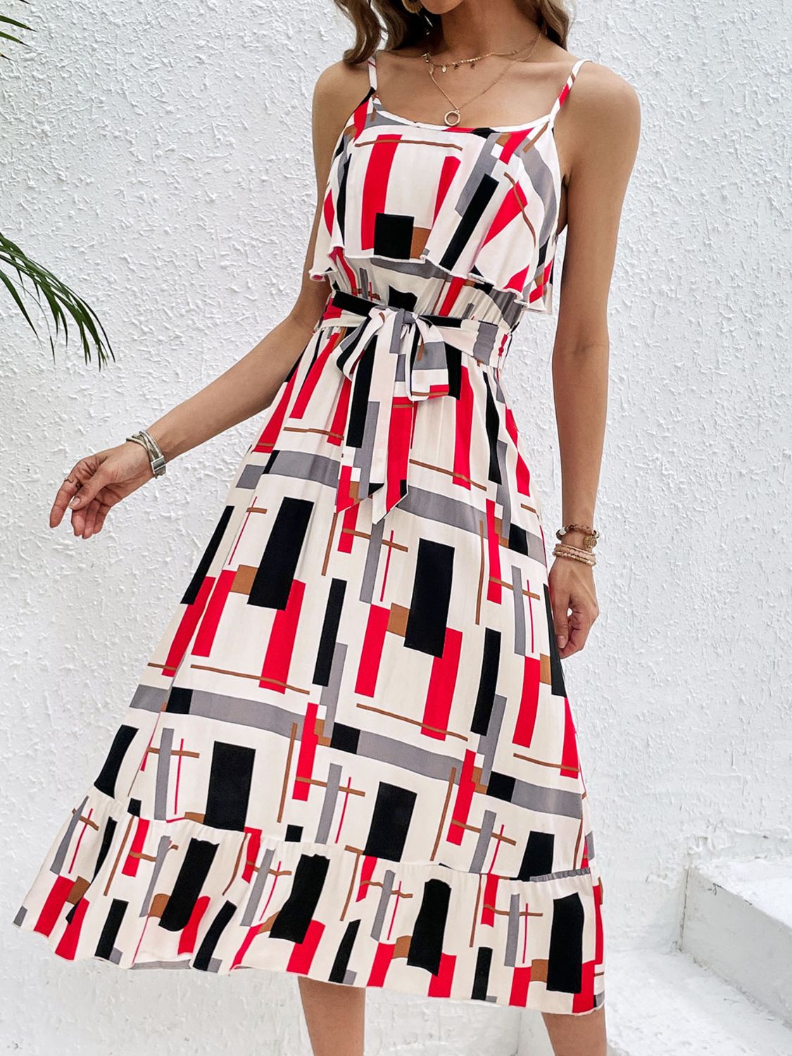 Ruffled Printed Tie Waist Midi Dress - Siennasass