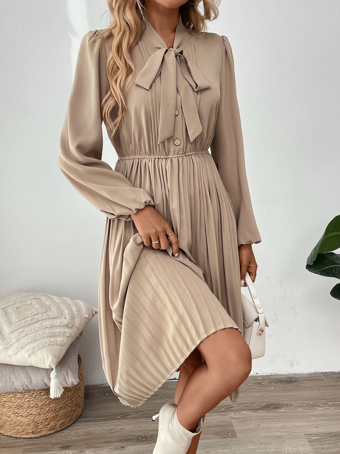 Perfee Pleated Tie Neck Long Sleeve Dress - Siennasass