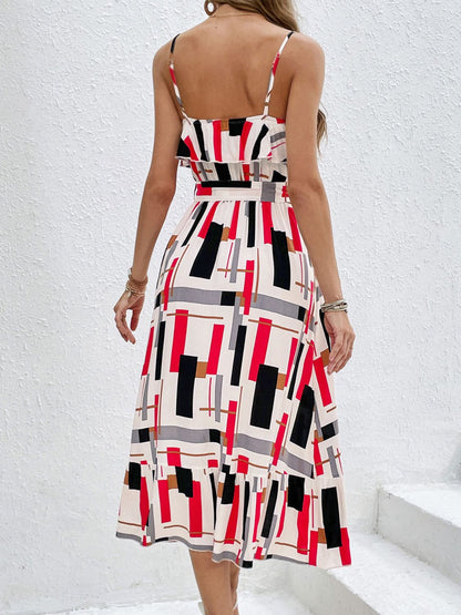 Ruffled Printed Tie Waist Midi Dress - Siennasass