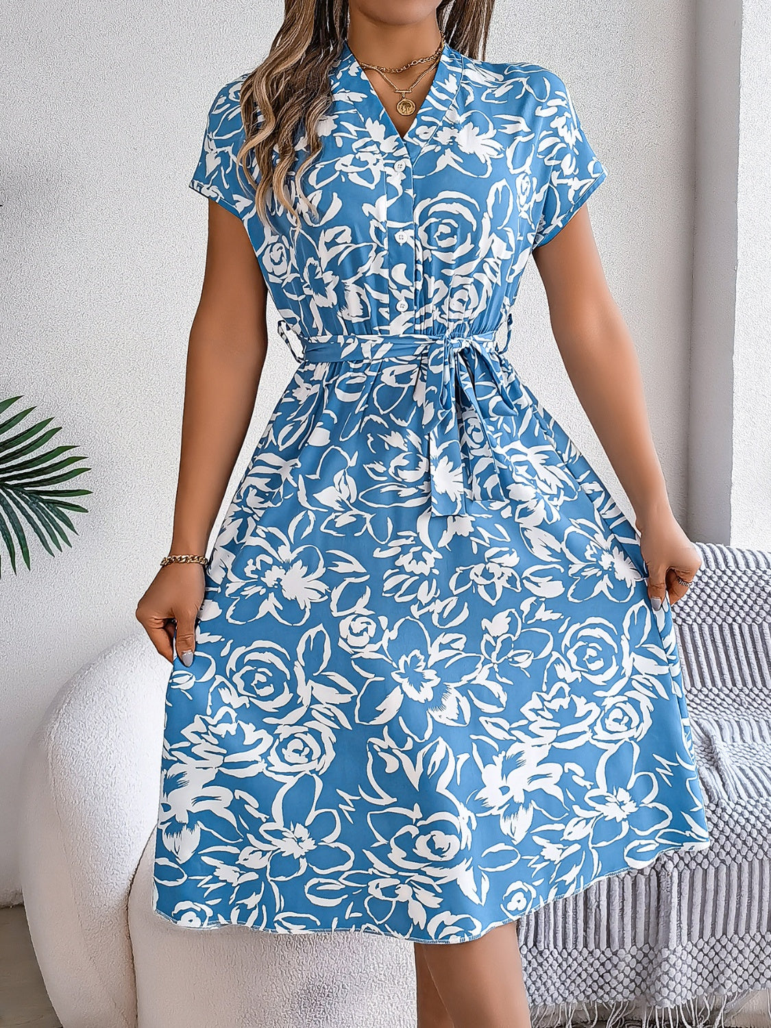 Printed V-Neck Short Sleeve Dress - Siennasass