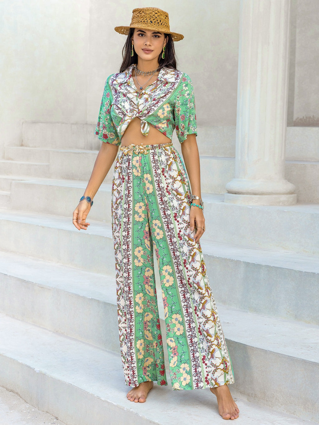 Printed Half Sleeve Top and Wide Leg Pants Set - Siennasass