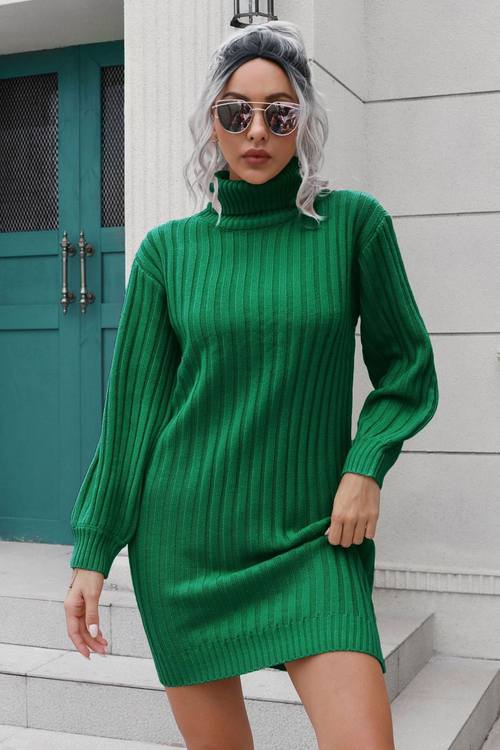 Ribbed Turtle Neck Long Sleeve Mini Sweater Dress - Siennasass