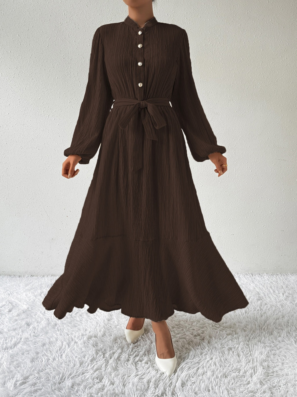 Tie Waist Long Sleeve Dress - Siennasass
