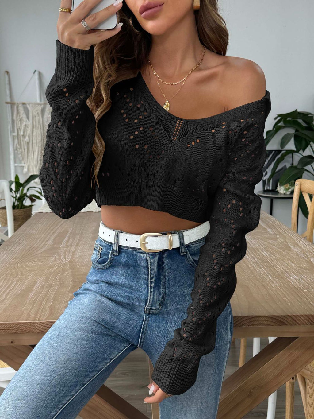 Openwork Collared Neck Long Sleeve Knit Top - Siennasass