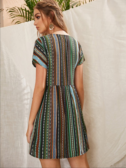 Pocketed Striped Short Sleeve Dress - Siennasass