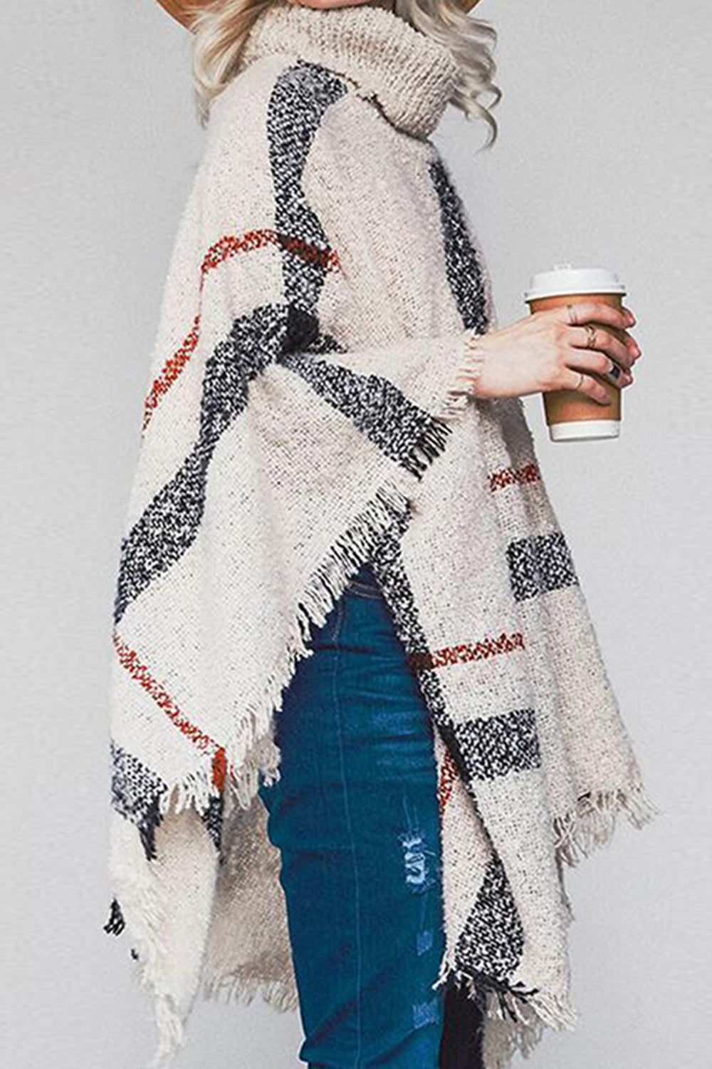 Plaid Turtleneck Raw Hem Poncho - Siennasass