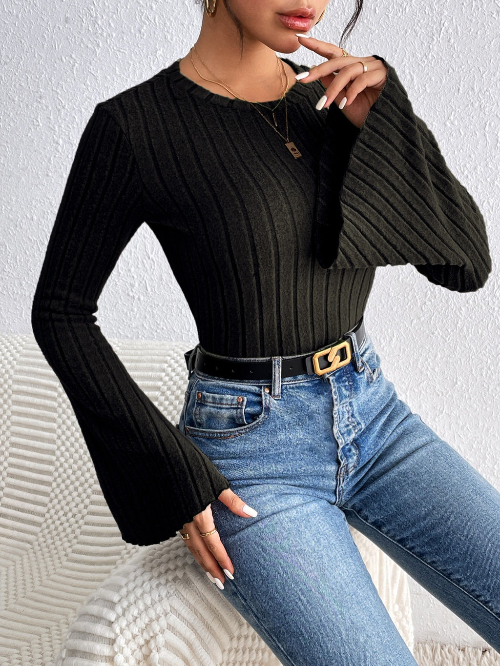 Round Neck Flare Sleeve T-Shirt - Siennasass