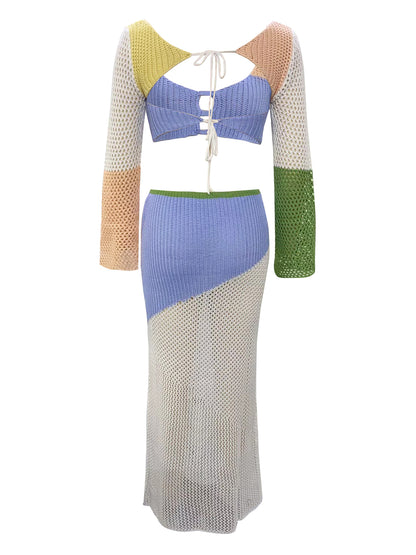 Tied Long Sleeve Top and Skirt Cover Up Set - Siennasass