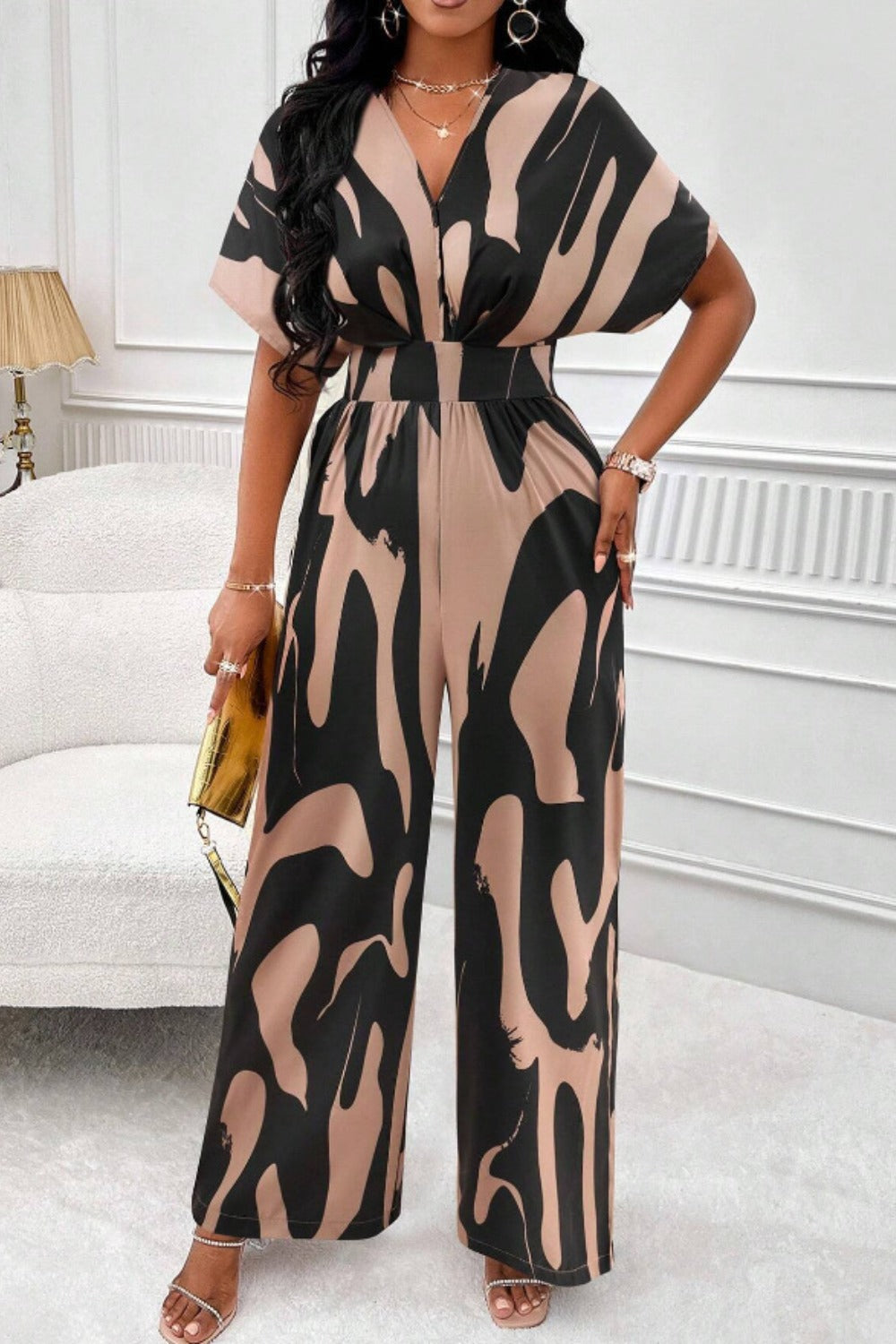 Printed V-Neck Short Sleeve Wide Leg Jumpsuit - Siennasass