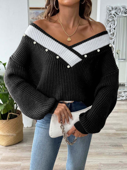 Contrast Trim Dropped Shoulder Long Sleeve Sweater - Siennasass